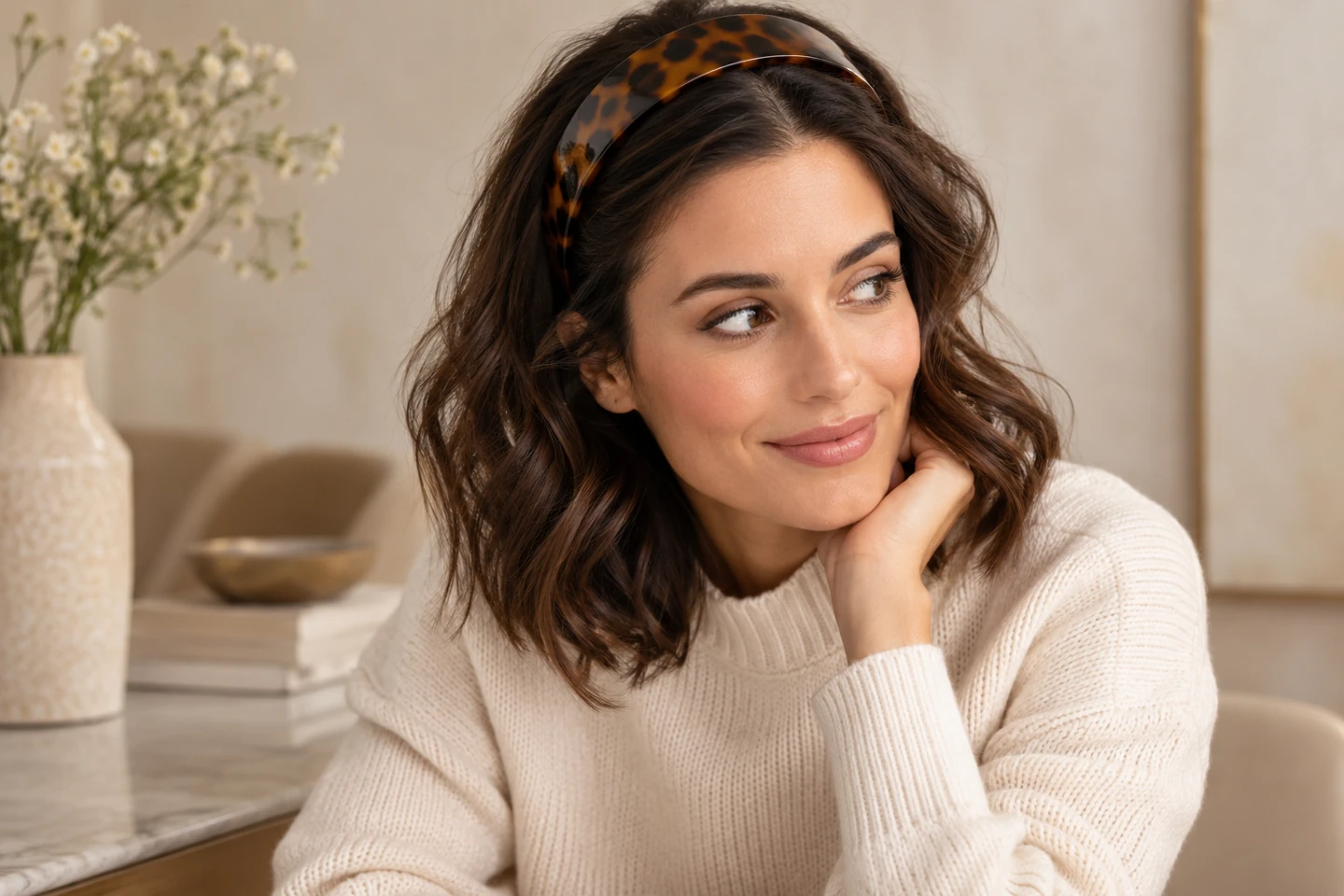 Adult woman with loose shoulder-length waves and a wide tortoiseshell headband
