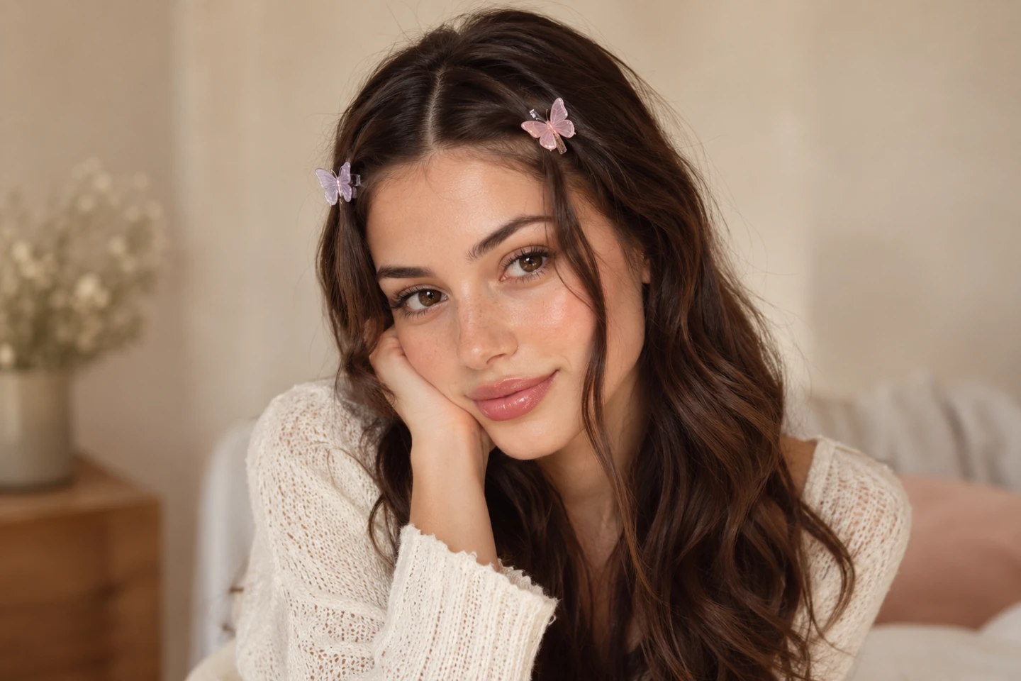 Adult woman with two small front hair sections held by pastel butterfly clips