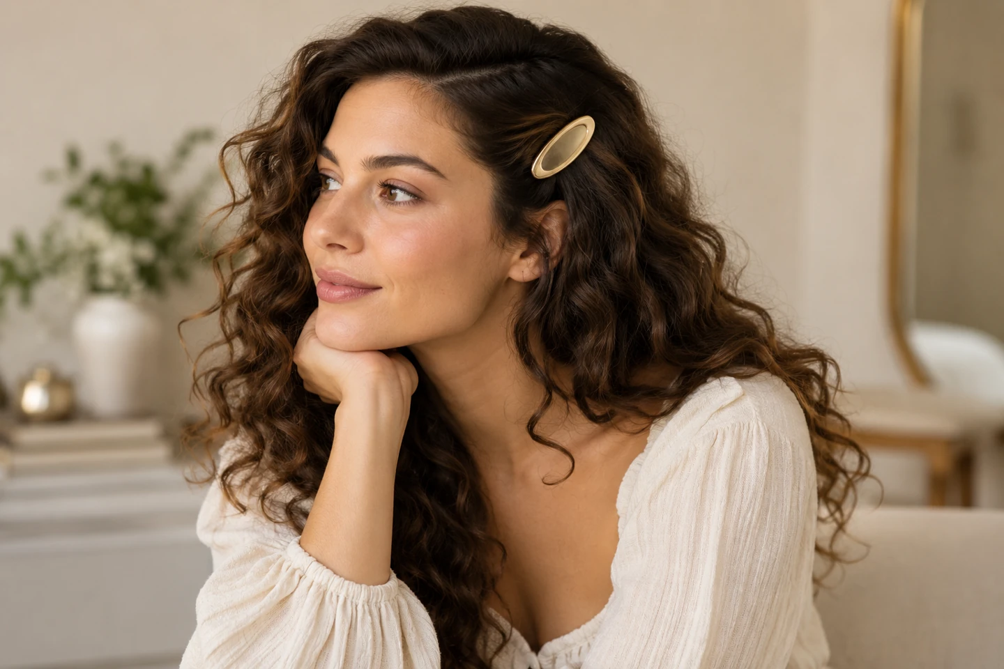 Adult woman with loose natural curls and one simple oval statement barrette holding a front section