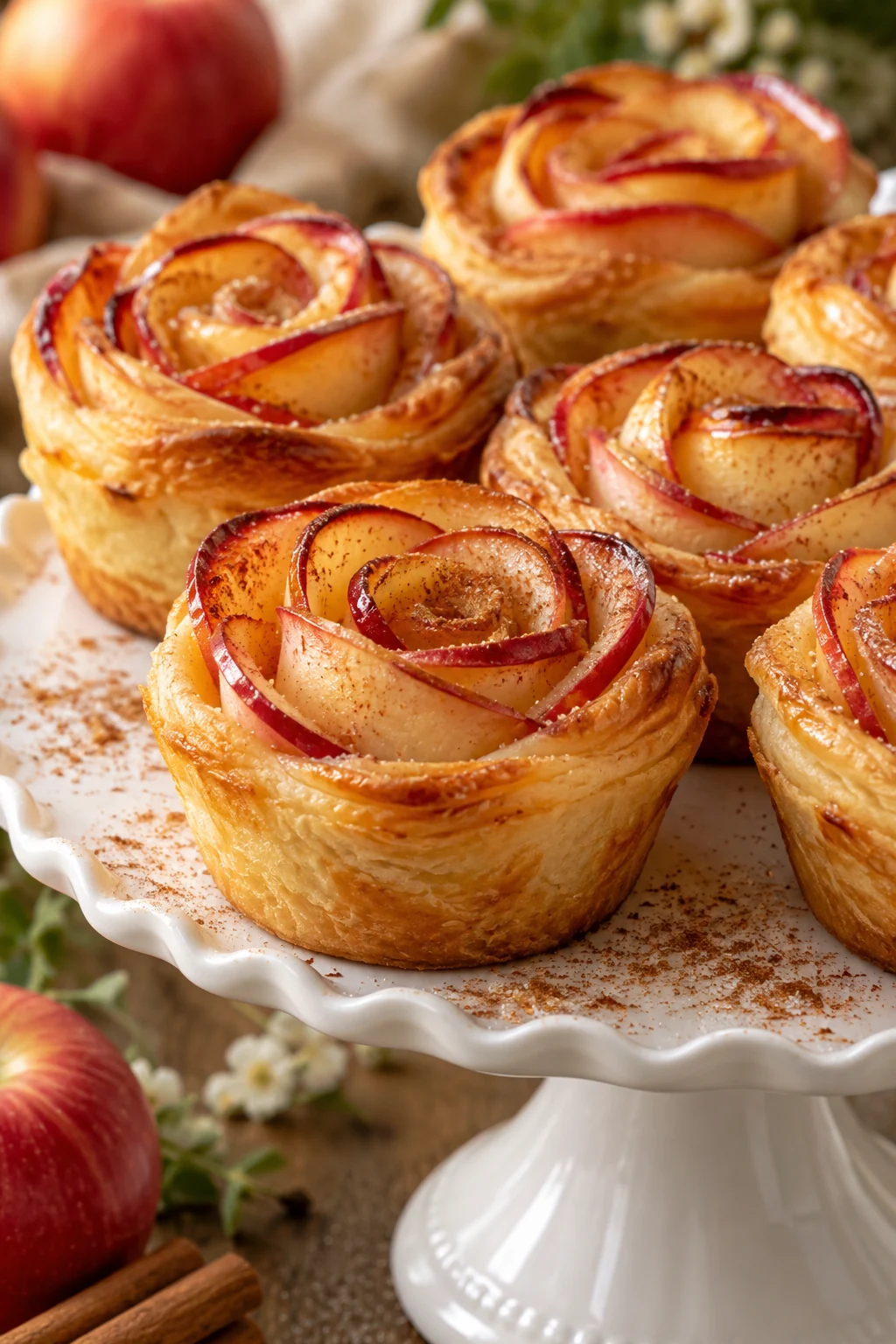 Golden apple puff pastry roses with red peel edges on a cake stand