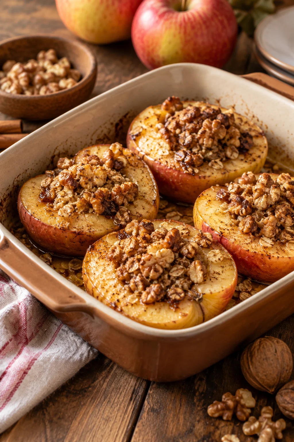 Baked apple halves filled with oats cinnamon and walnuts