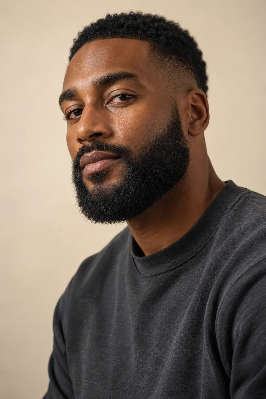 Medium rounded beard with a blended sideburn and textured crop