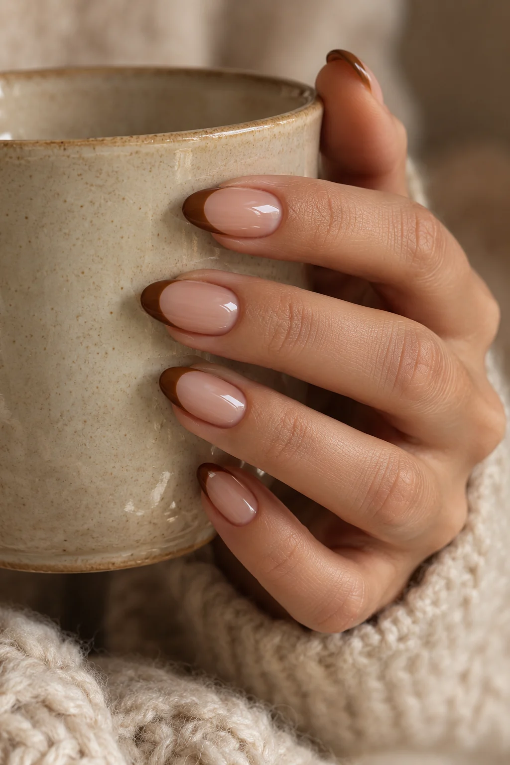 Almond nails with caramel French tips holding a ceramic mug