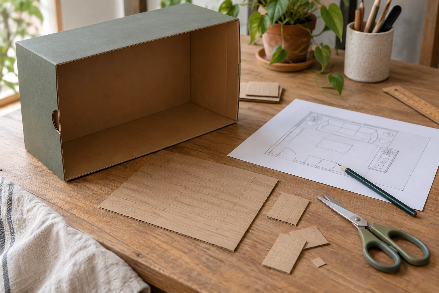 An empty sturdy shoebox lying on its side, cut card flooring and a simple pencil furniture plan on a crafting desk, safe scissors beside it