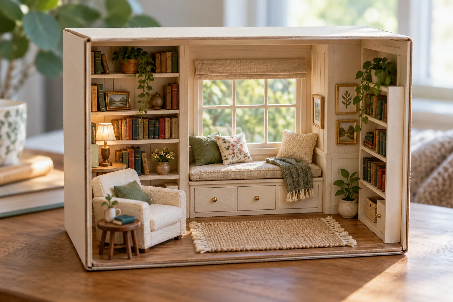 A handmade shoebox miniature reading nook with window seat, tiny bookshelves and cream cardboard furnishings, open front, soft daylight