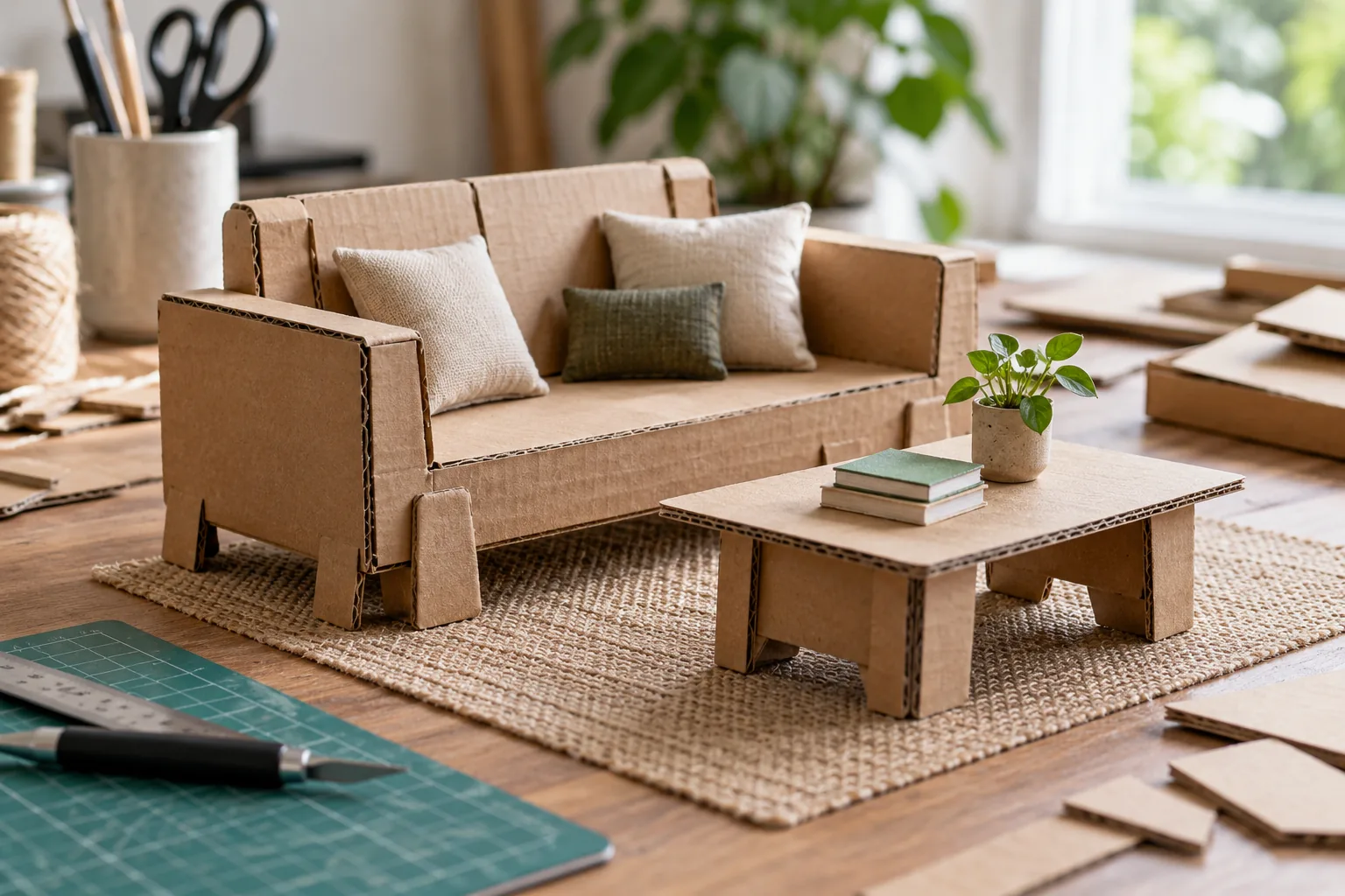 Close-up handmade folded cardboard miniature sofa and table with visibly broad folded support tabs, neatly cut card edges on crafting table