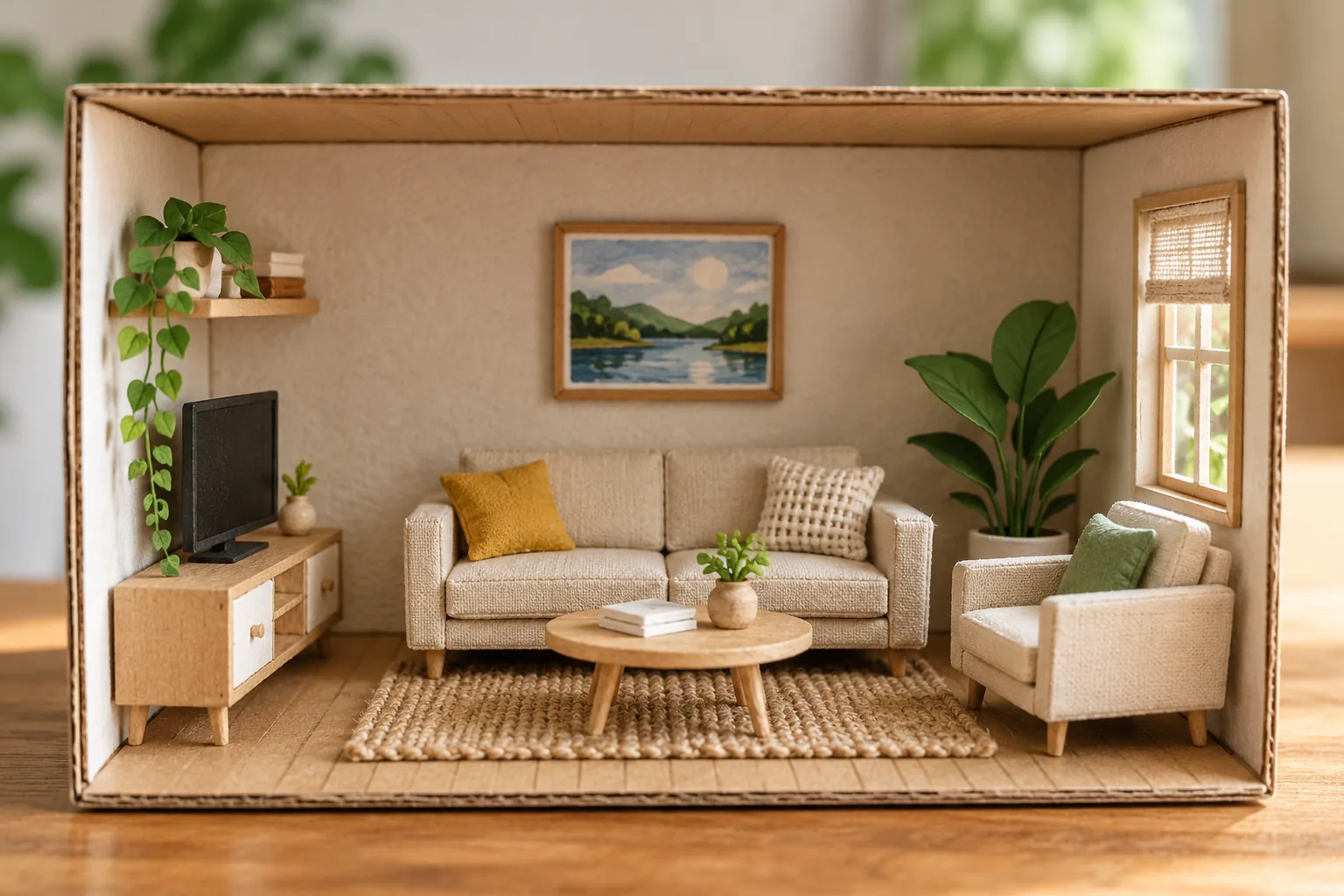 Completed shoebox miniature living room with a simple rug, one tiny original wall painting and small paper plant, uncluttered handmade texture