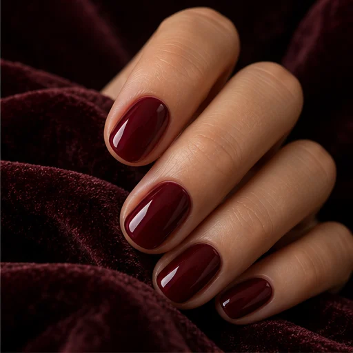 Translucent cherry burgundy manicure on short rounded nails against velvet