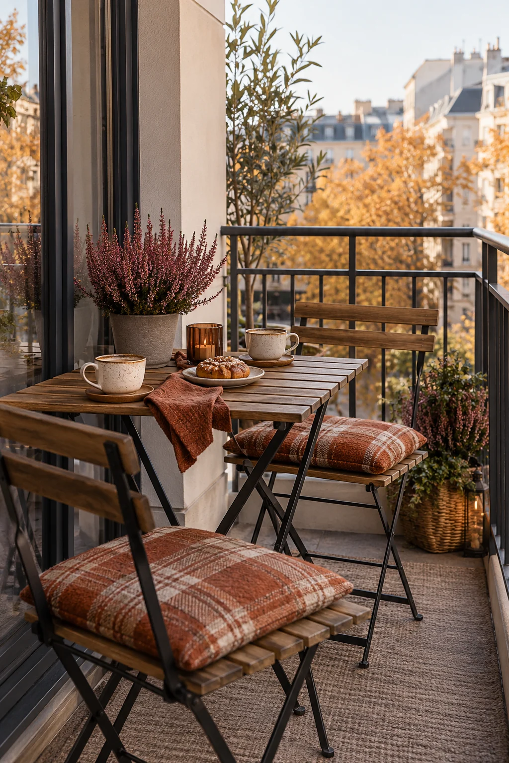 Compact folding bistro table and chairs on an autumn balcony