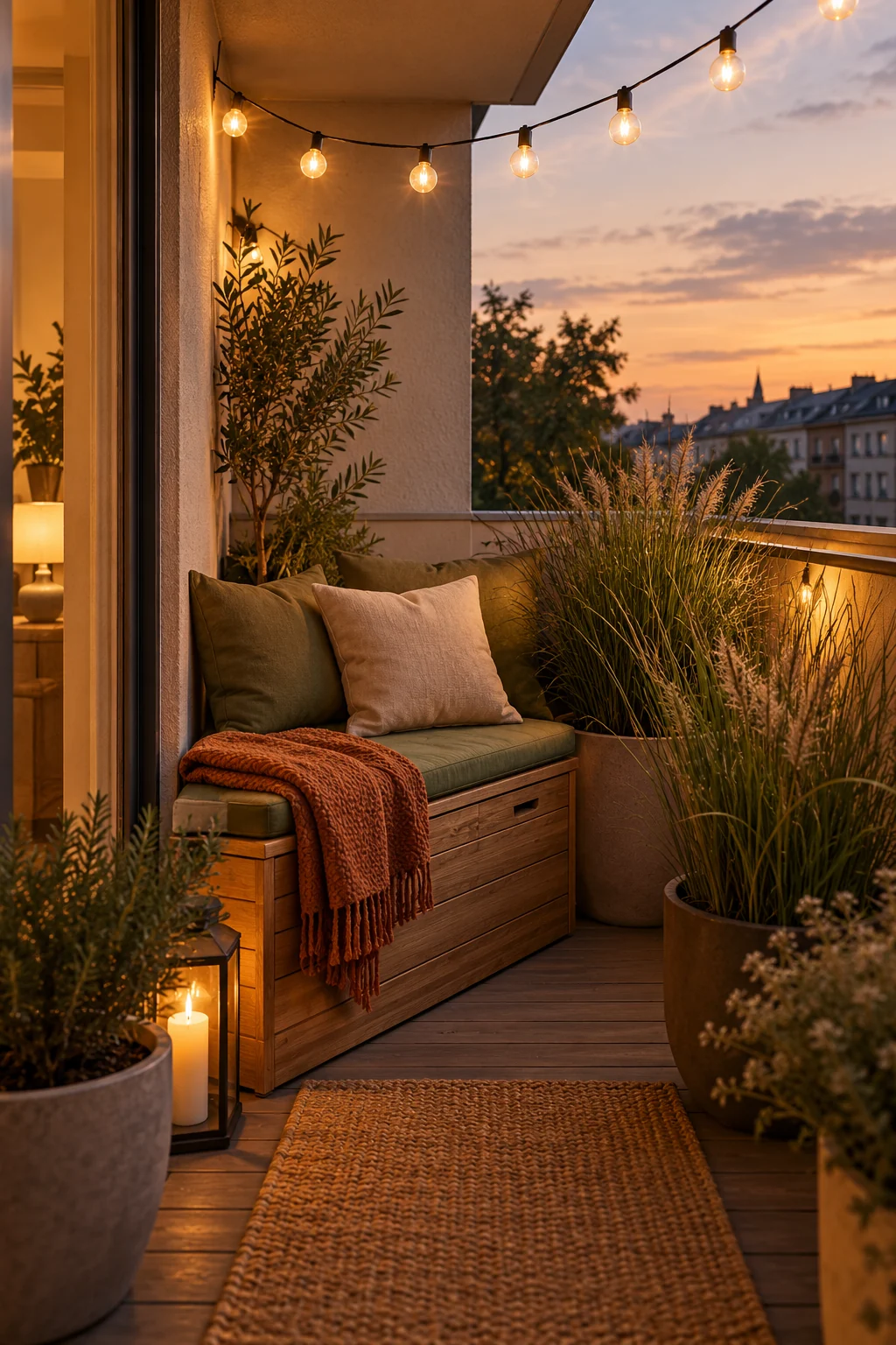 Narrow balcony bench with olive cushions and warm lights