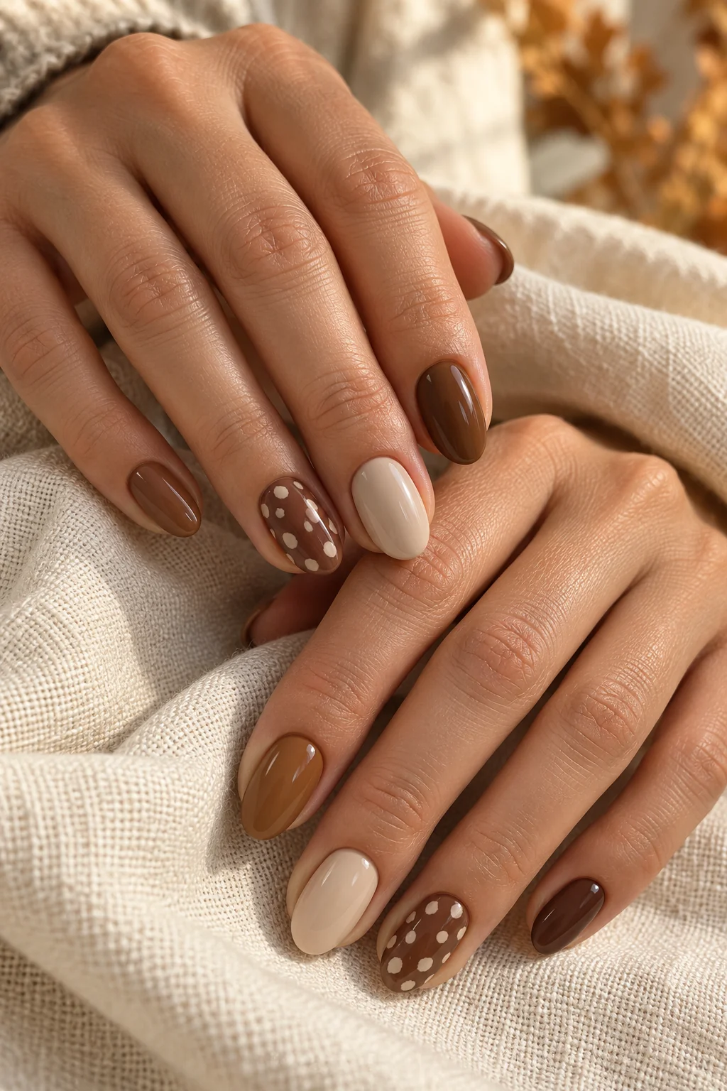 12 Deer Print Nail Ideas in Brown, Cream and Caramel
