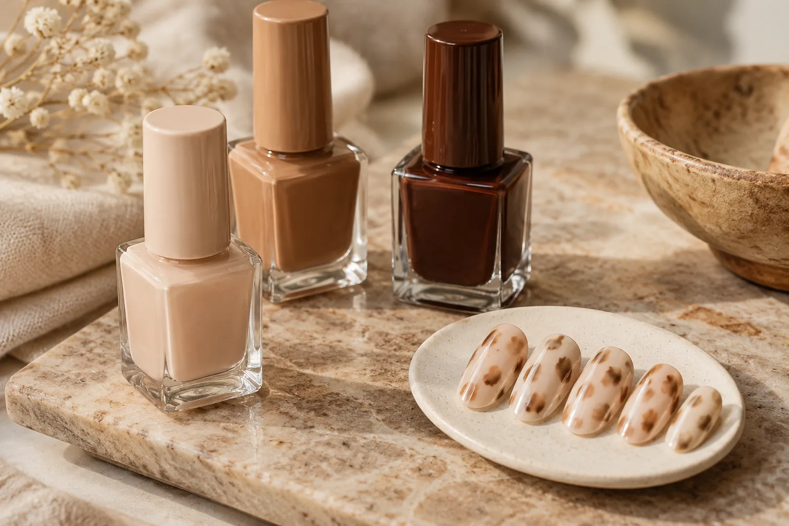 Cream, caramel and cocoa fawn-inspired nail tips with irregular contrasting spots