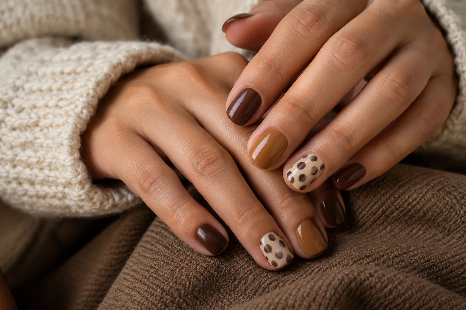 Cream, caramel and cocoa fawn-inspired manicure with irregular contrasting spots