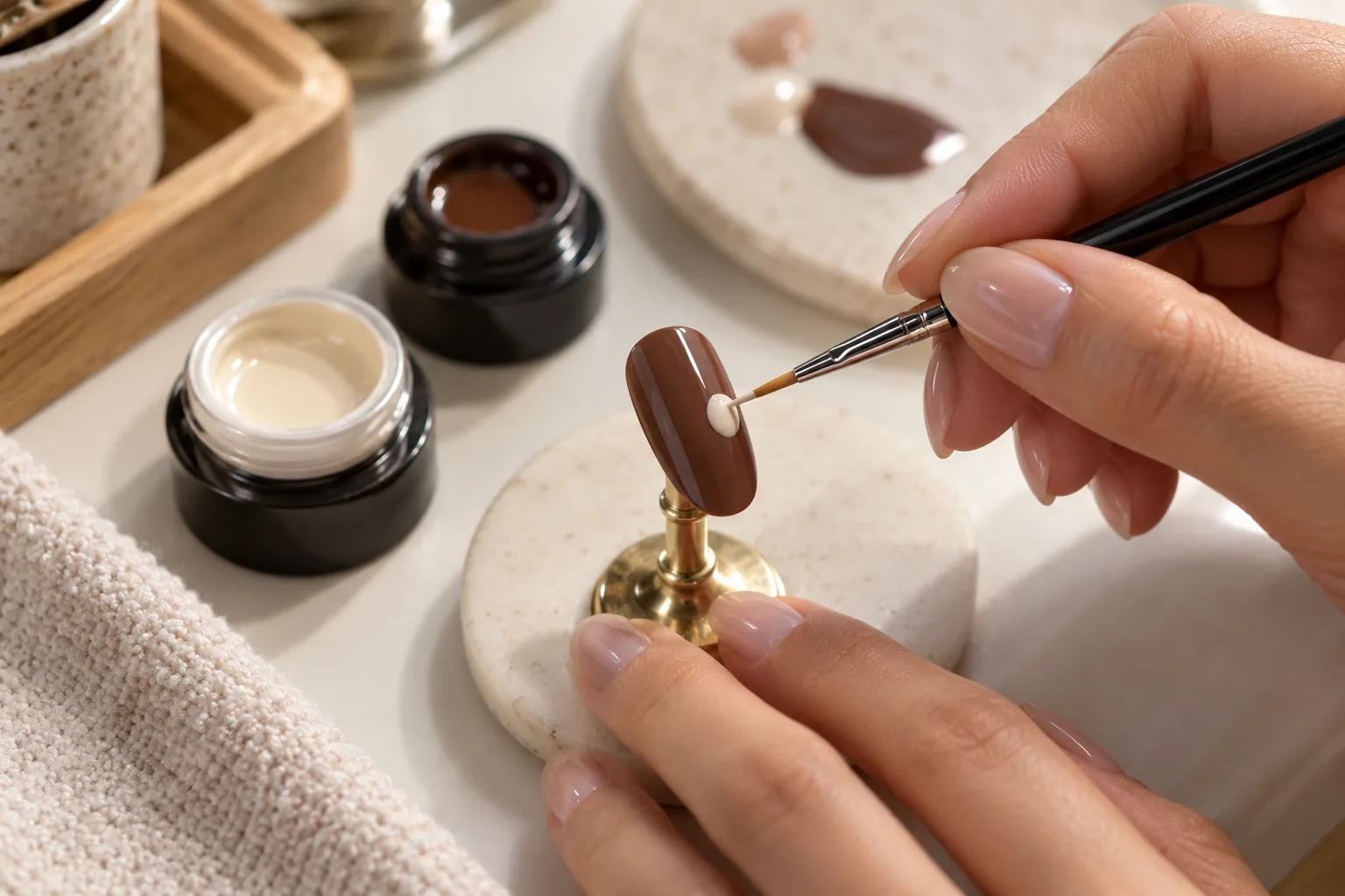 Close-up of a nail-art brush placing one small ivory spot onto a brown practice nail tip held on a stand, clean manicure worktable