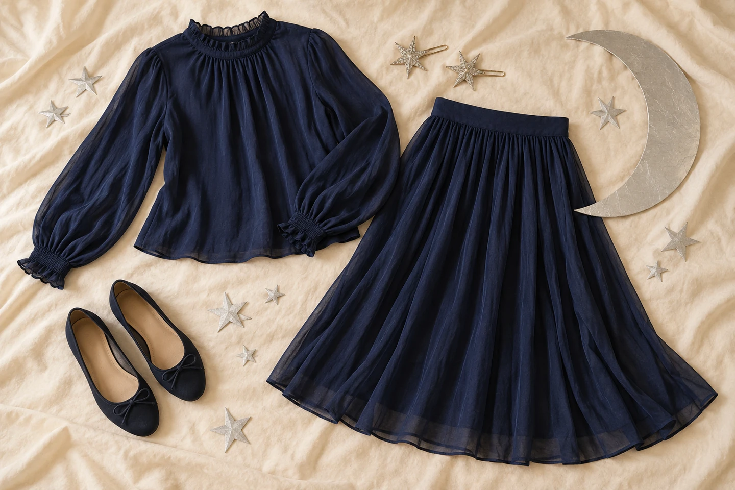 Flat lay of a navy blouse, midi skirt, silver paper stars and a cardboard crescent moon for a stargazer costume