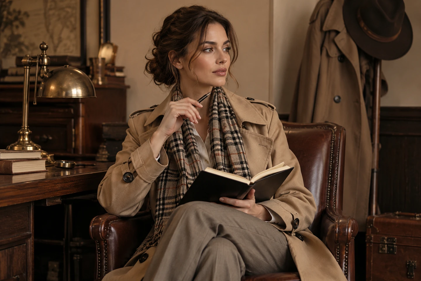 Adult woman in a beige trench coat, neutral trousers and checked scarf holding a notebook