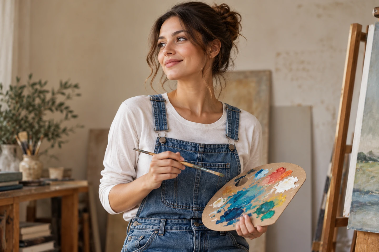 Adult woman in denim overalls and a plain shirt holding a lightweight colorful cardboard palette
