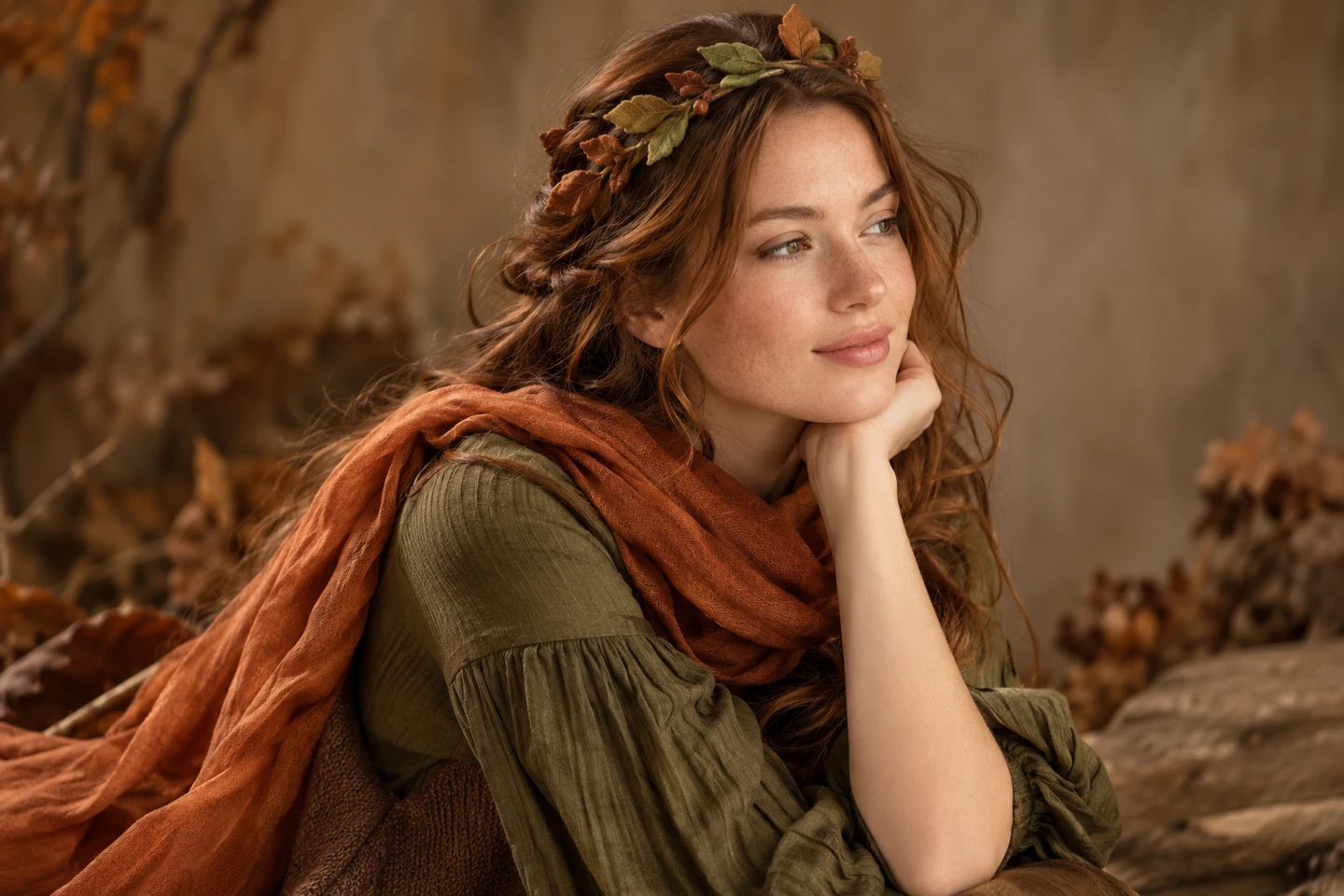 Adult woman in olive and brown clothes with a small felt-leaf headband and soft copper scarf