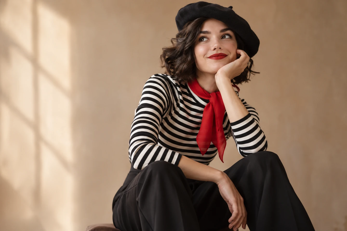 Adult woman in a black-and-white striped top, black trousers, soft dark hat and red scarf