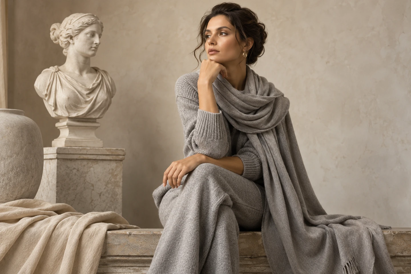Adult woman in gray knit separates with a softly draped gray scarf in a statue-inspired pose