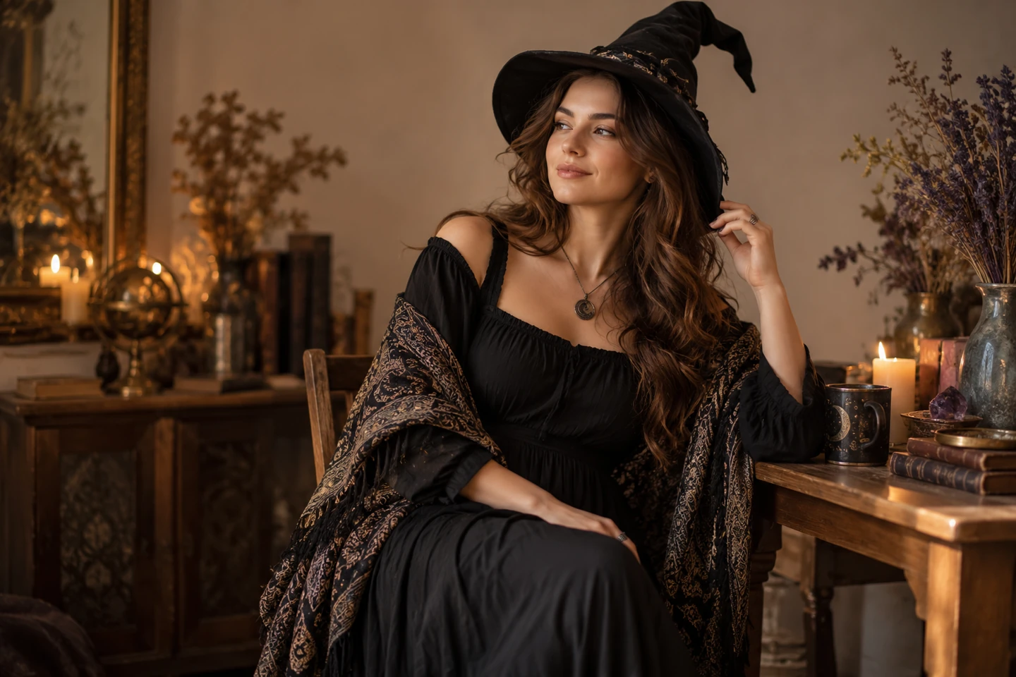 Adult woman in a black everyday dress, textured shawl and a small soft pointed witch hat