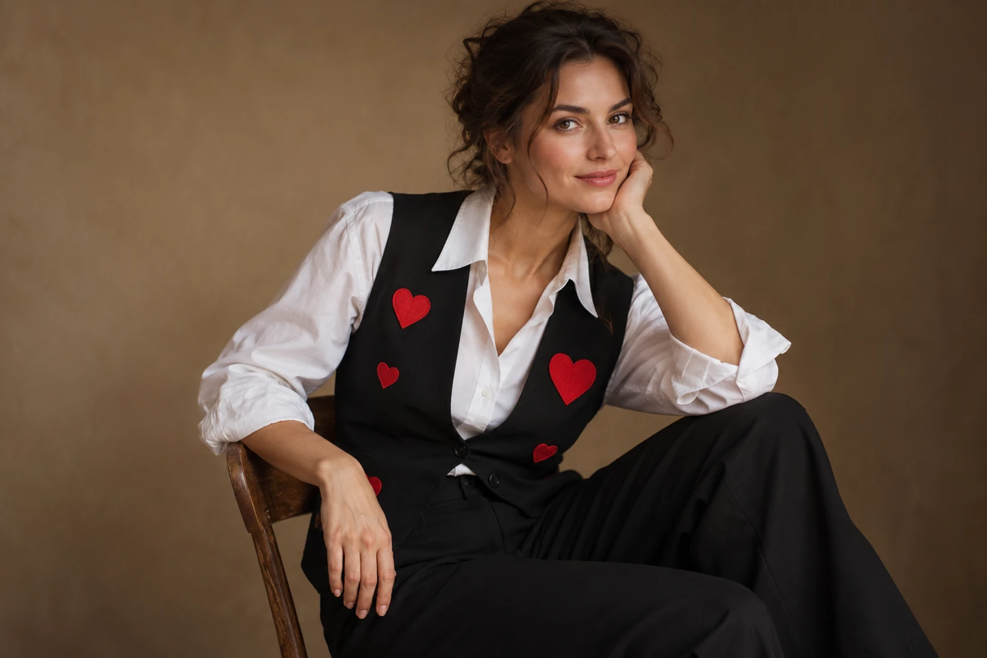 Adult woman in a white shirt and black trousers with red felt heart shapes on a dark vest