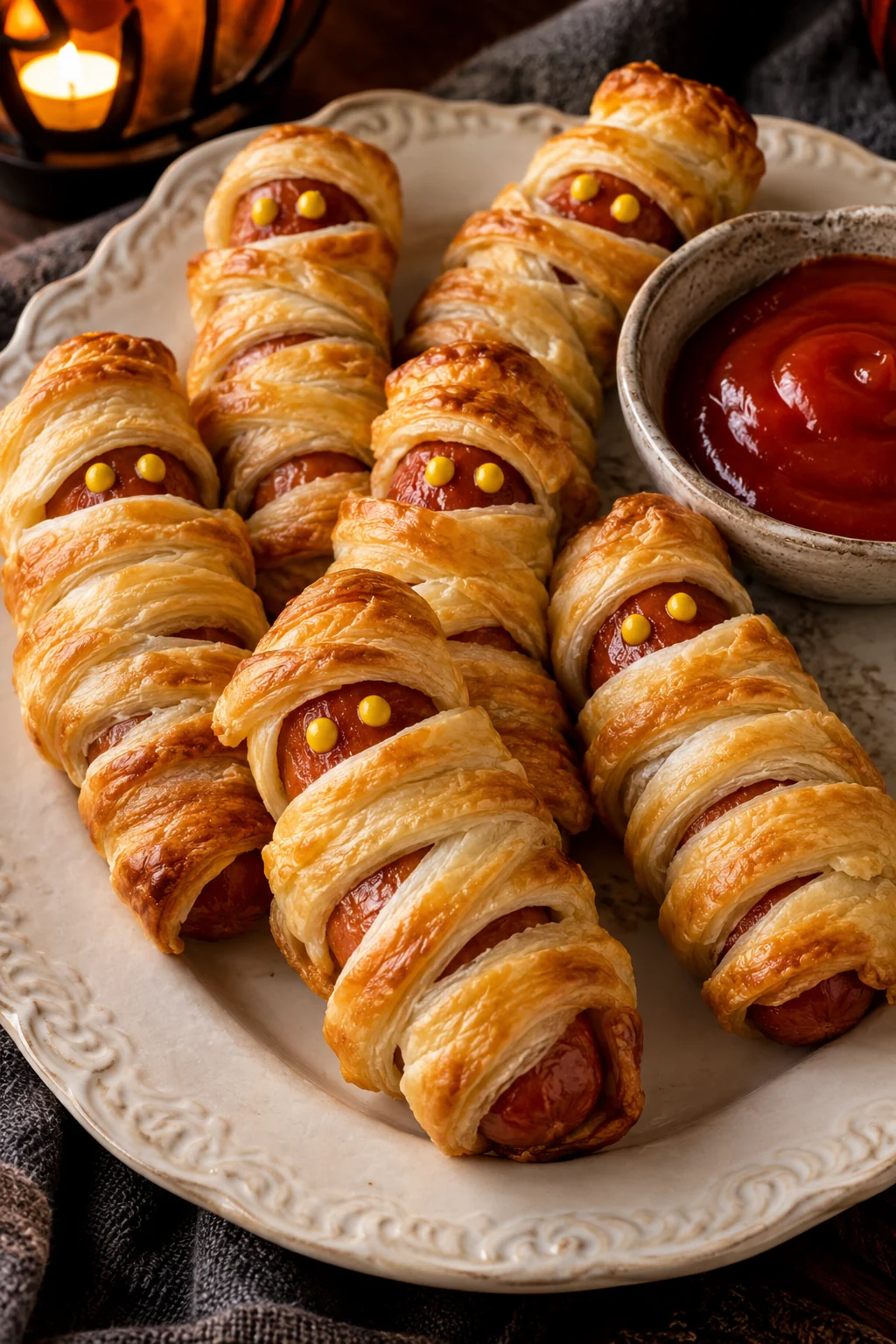Golden pastry mummy sausages with mustard eyes on a platter