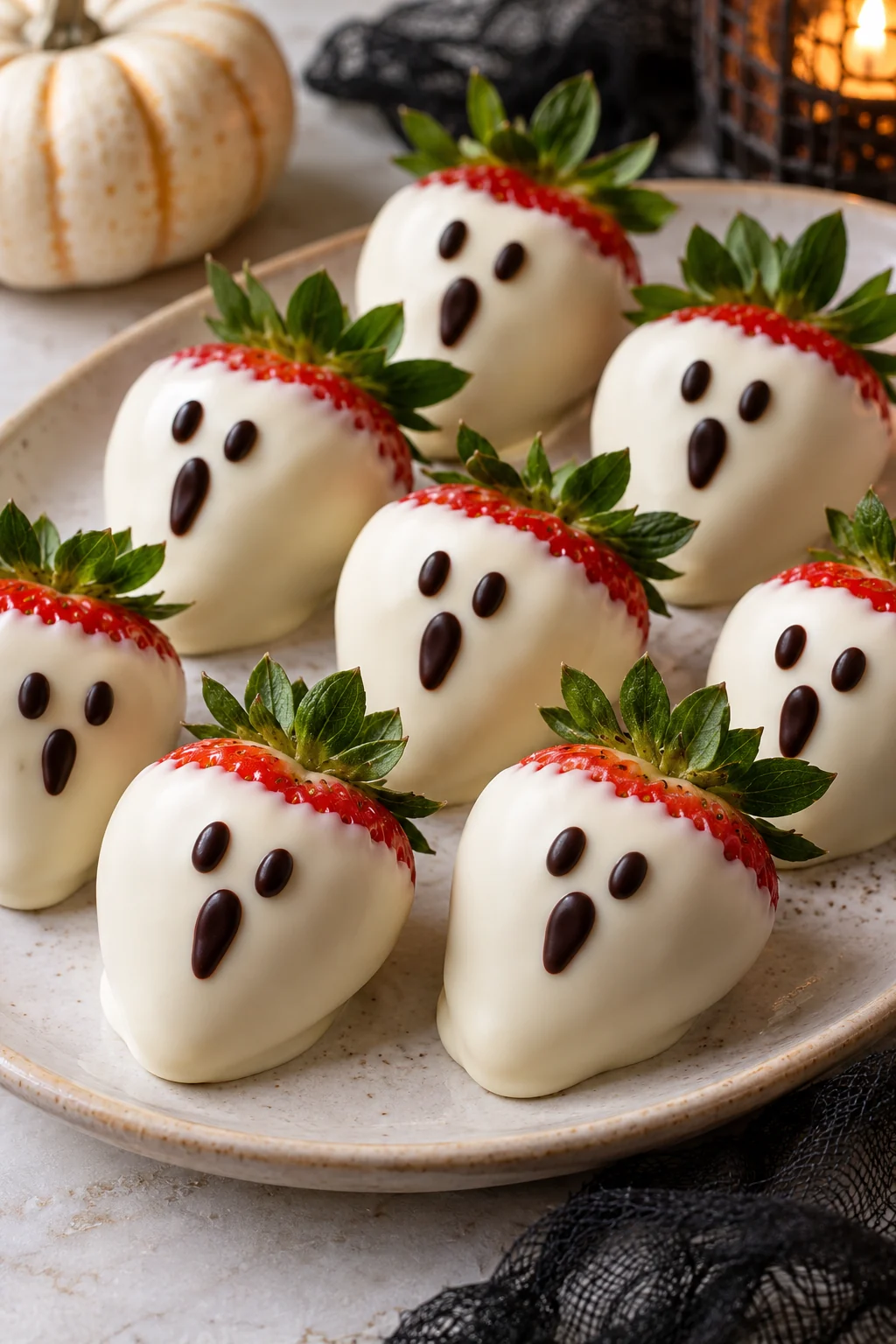 Strawberries dipped in white chocolate with small dark ghost faces