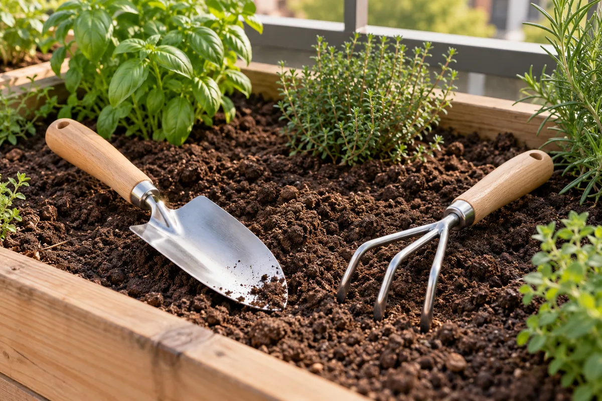 A hand trowel and three-tine cultivator resting separately in loose soil inside a compact raised herb bed