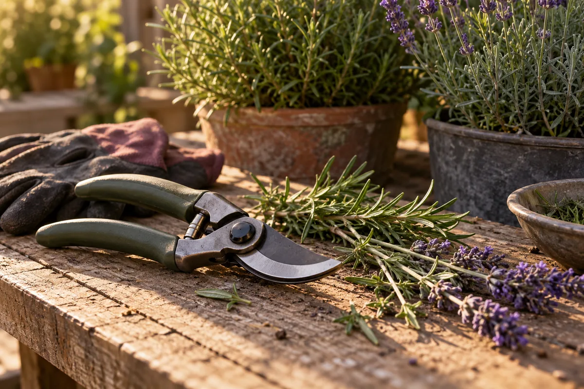 Closed bypass pruners placed safely beside freshly trimmed rosemary and lavender stems on a wooden potting table