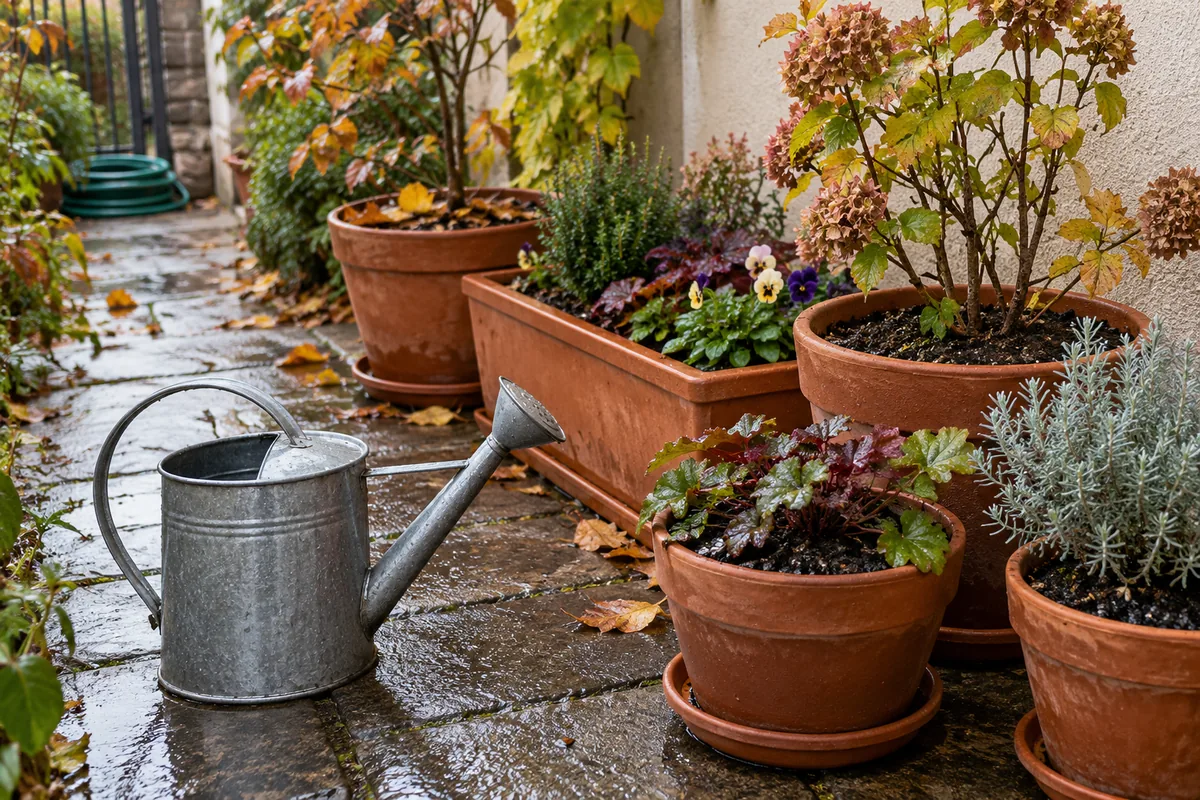 A small metal watering can beside autumn patio containers with damp soil and drainage saucers