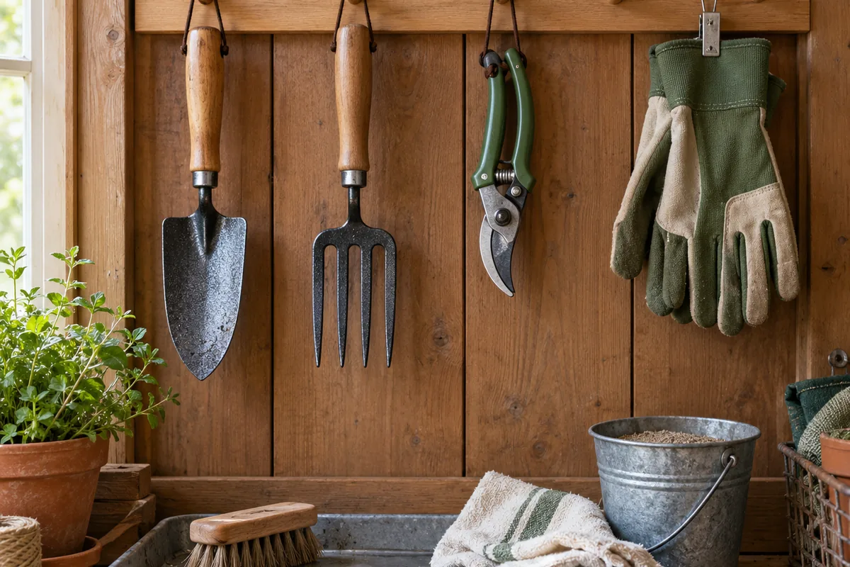 Clean dry hand gardening tools hanging separately above a brush, cloth and shallow cleaning tray in a tidy shed