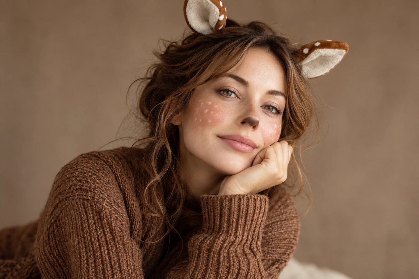 Adult woman in a brown knit with small white cheek spots, subtle brown nose detail and fabric fawn ears