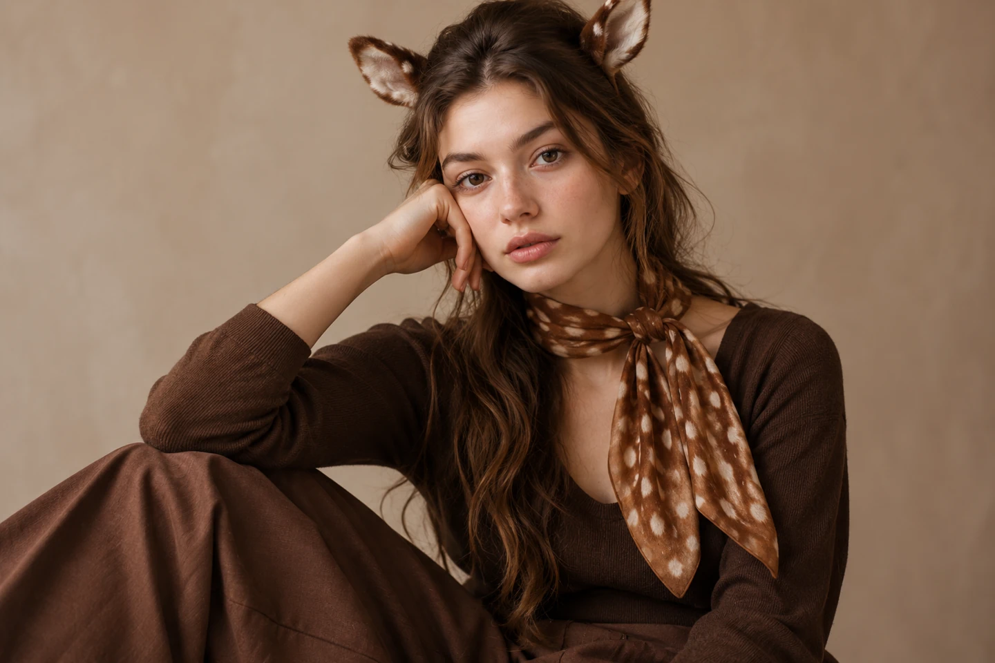 Adult woman in brown separates with a cream-spotted brown scarf and small fabric deer ears, no face makeup