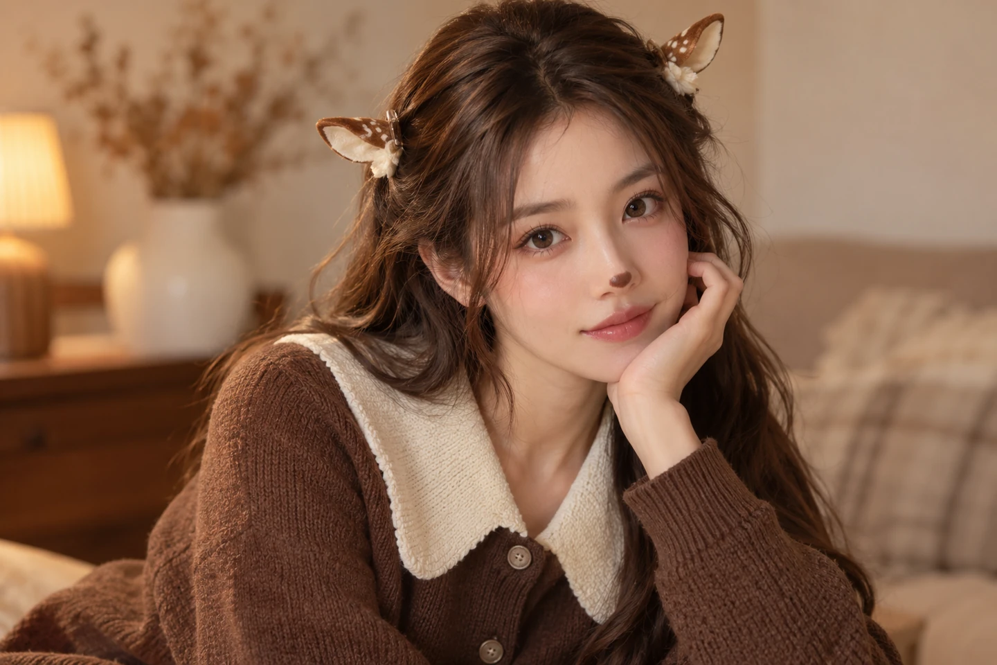 Adult woman in a brown cardigan with a cream collar, very small brown nose accent and discreet deer-ear clips