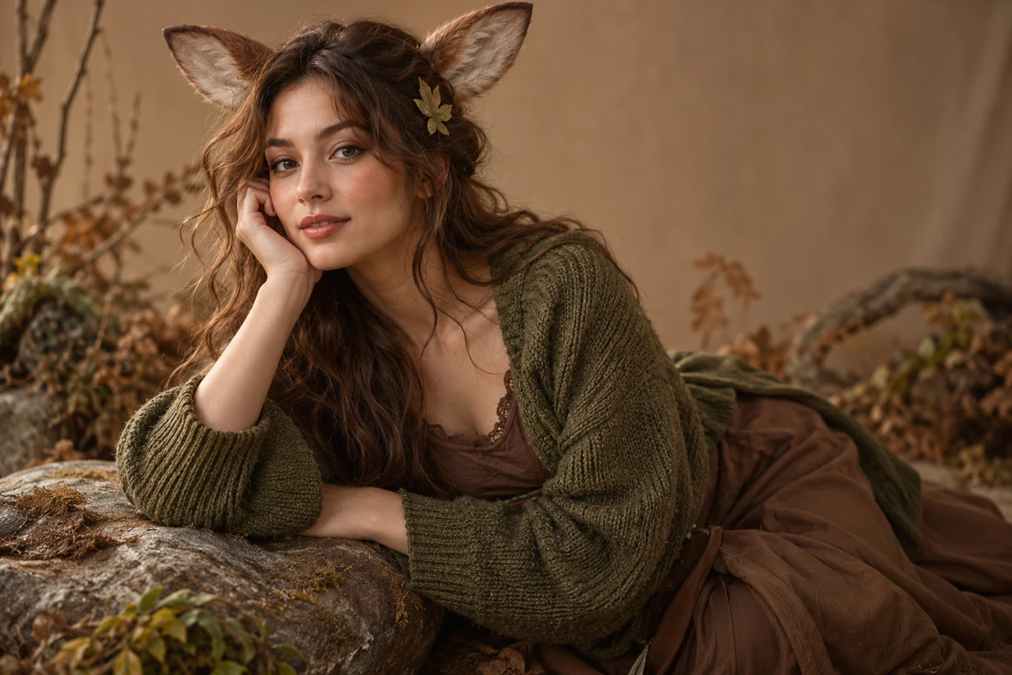 Adult woman in brown clothes and an olive cardigan with soft fawn ears and one small leaf accessory