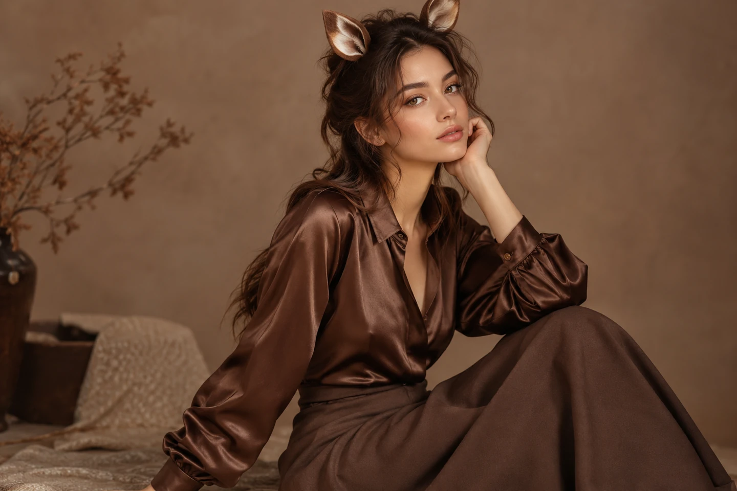 Adult woman wearing a chocolate satin blouse and matte brown skirt with elegant small deer ears