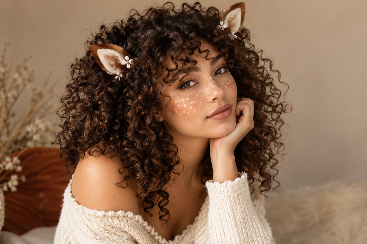 Adult woman with full natural curls, visible small deer-ear clips and gentle fawn cheek spots