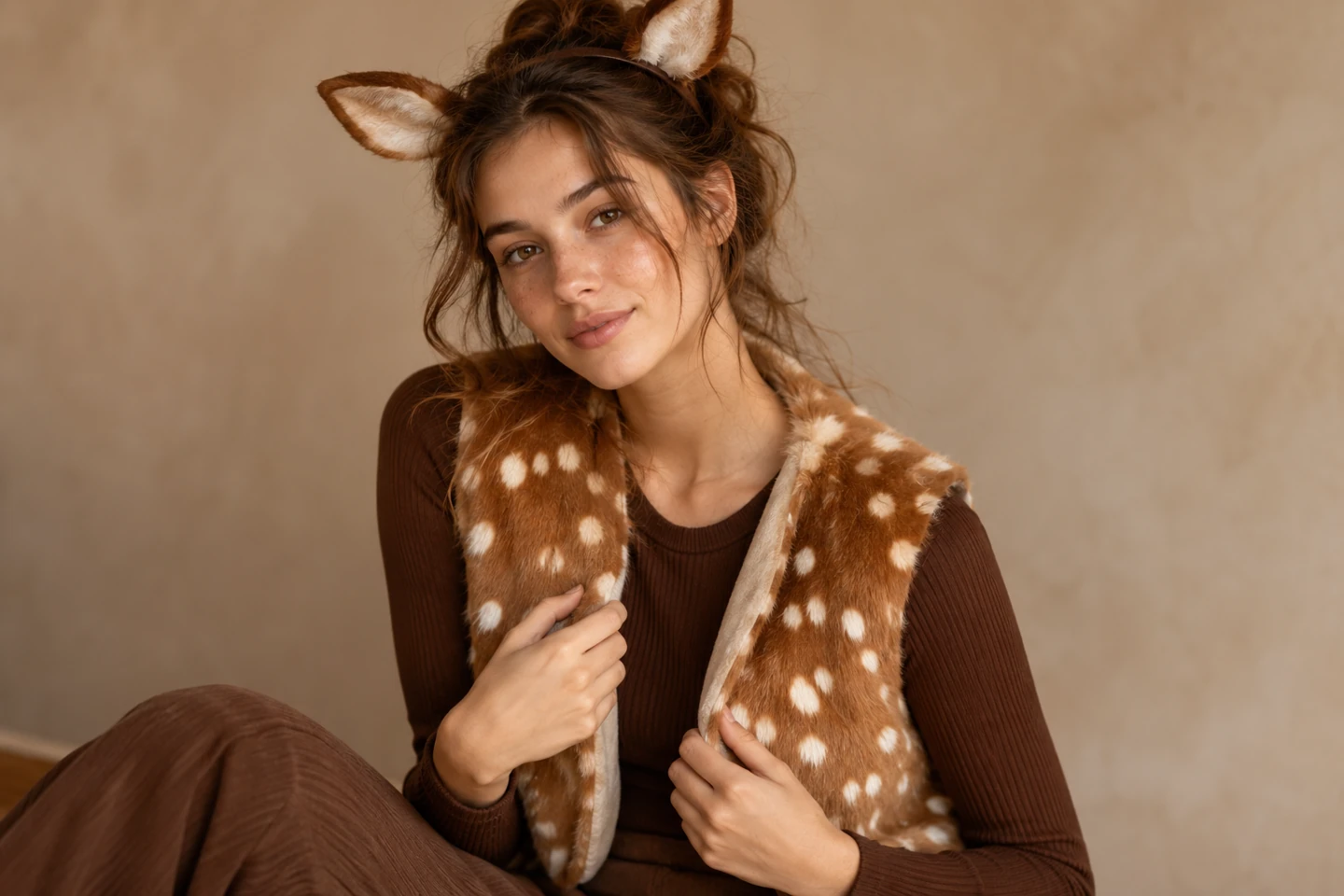 Adult woman in a brown outfit with a removable cream-spotted vest and soft deer ears, natural face without makeup