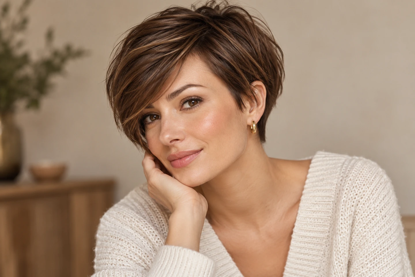 Adult woman with a soft chestnut pixie and long side-swept fringe