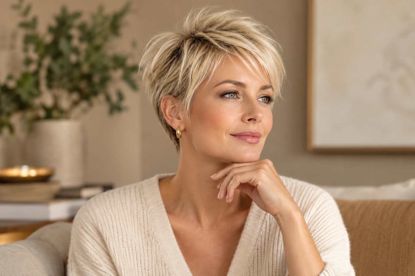 Adult woman with fine blonde hair in an airy pixie with a lightly lifted crown