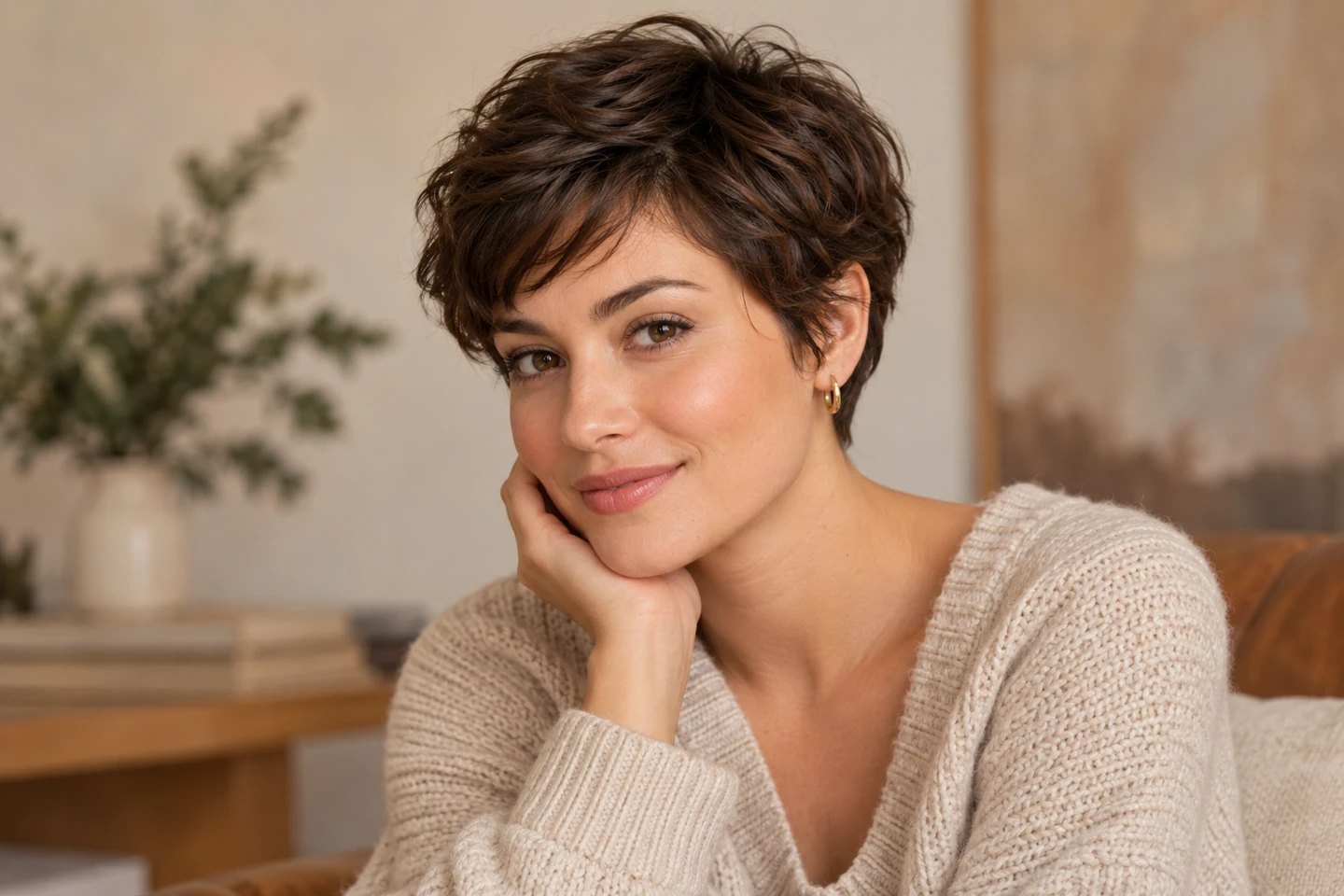 Adult woman with dense dark brown hair in a softly rounded pixie haircut