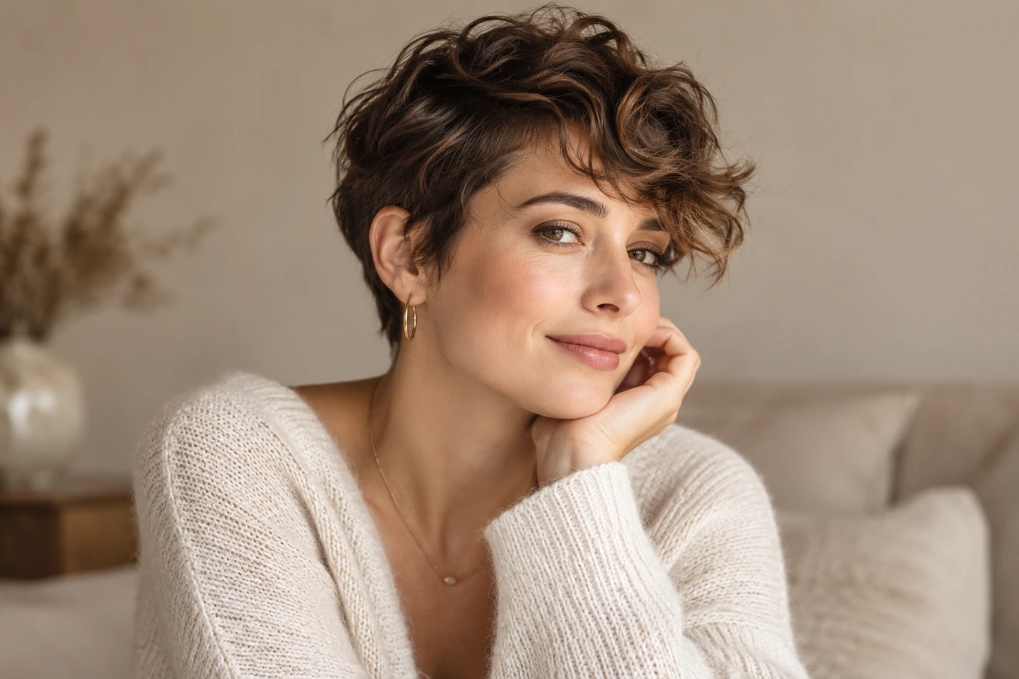 Adult woman with a short wavy pixie and a loose naturally bending fringe