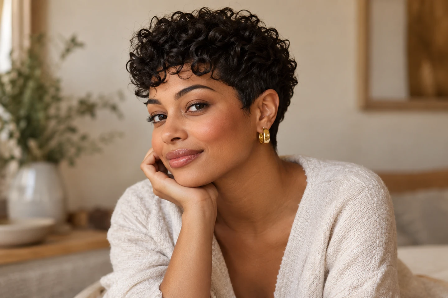 Adult woman with defined dark curls in a pixie with tapered sides and fuller top