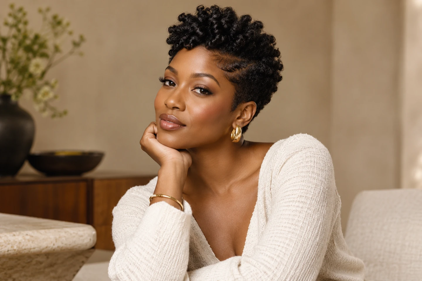 Adult Black woman with tightly coiled natural hair in a sculpted pixie crown