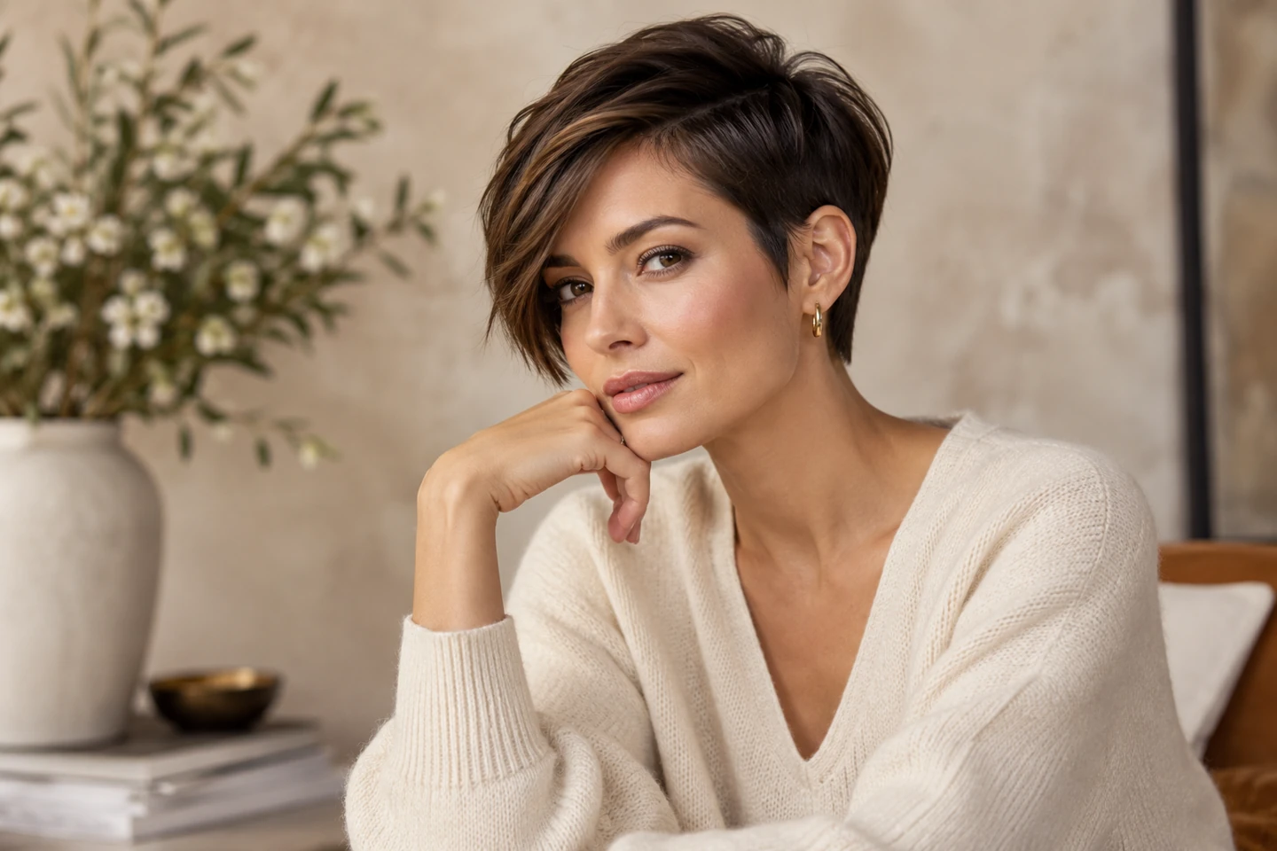 Adult woman with a long-front brunette pixie and a closely blended short nape