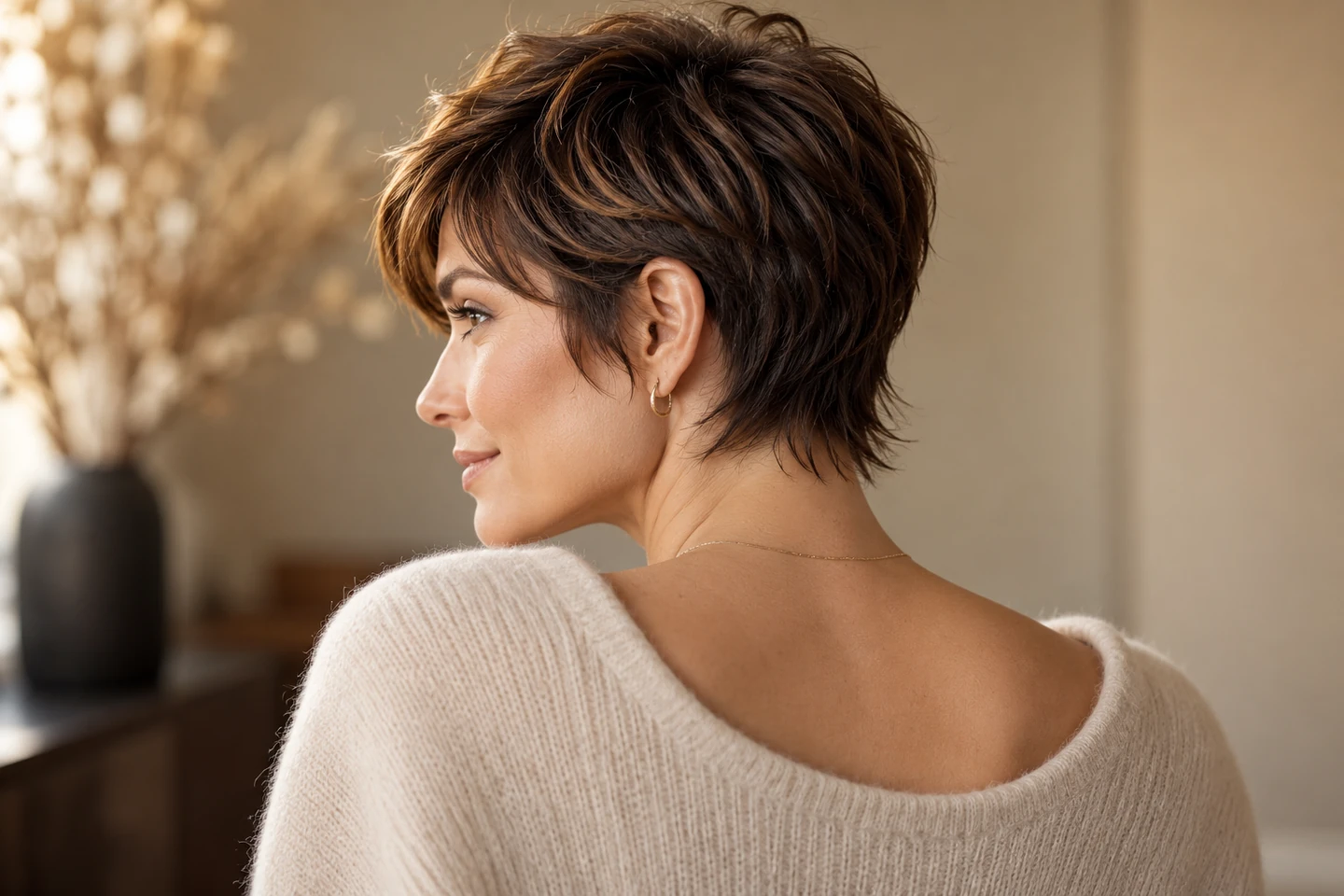 Side and rear portrait of an adult woman with a soft pixie and feathered nape