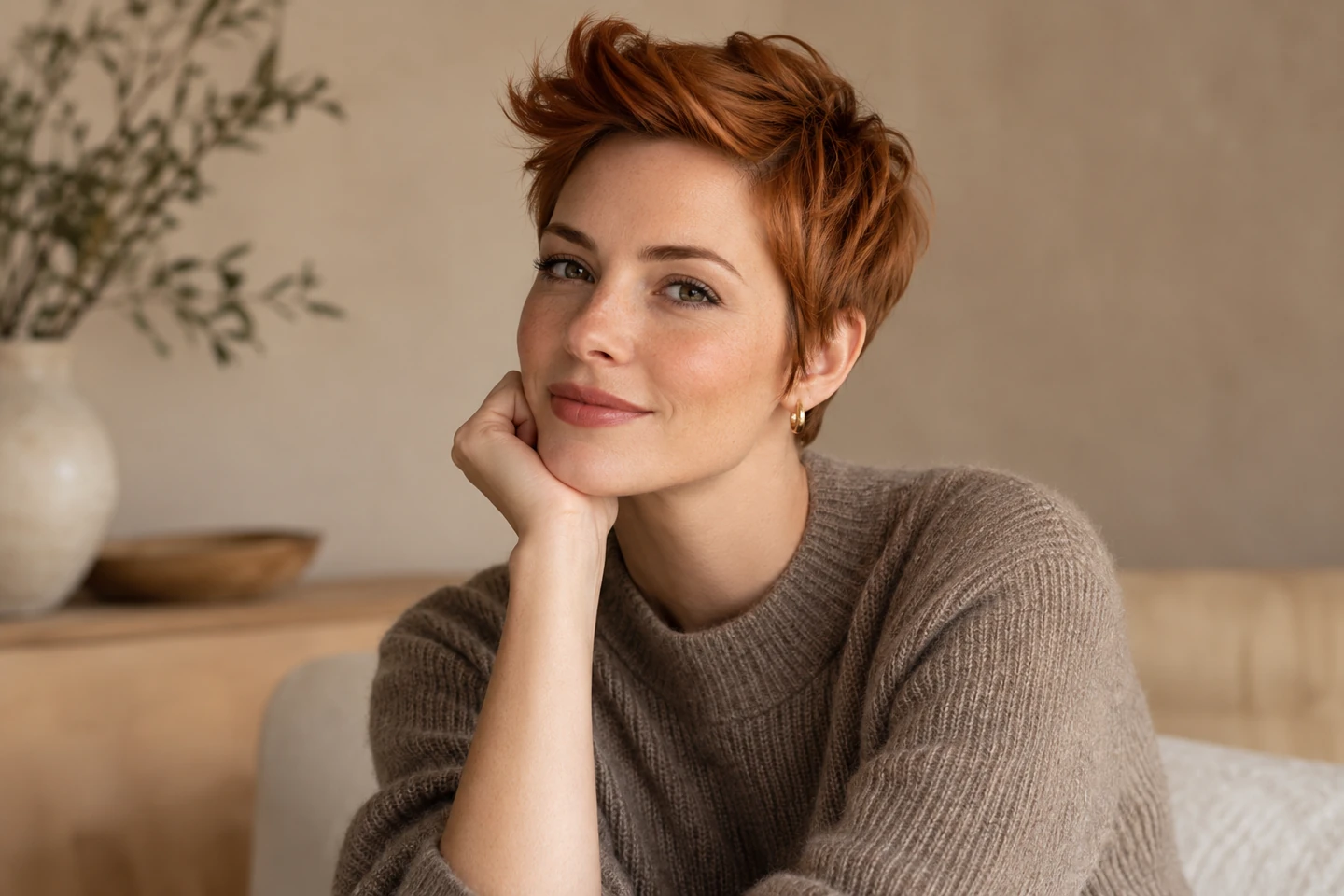 Adult woman with a short copper pixie and a small softly lifted quiff