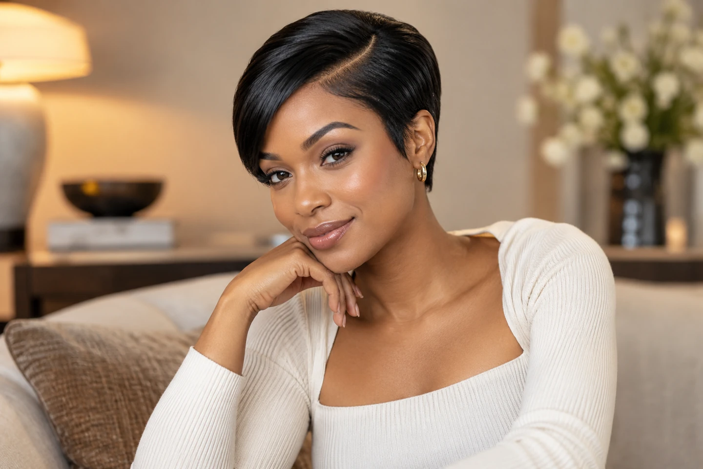 Adult woman with a smooth black pixie and a clear deep side part