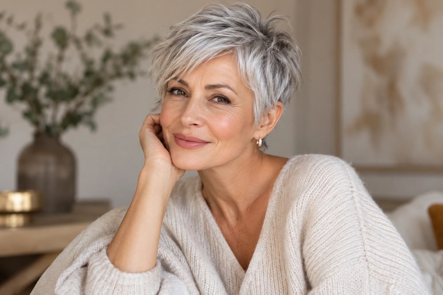 Mature adult woman with natural silver hair in a soft textured pixie